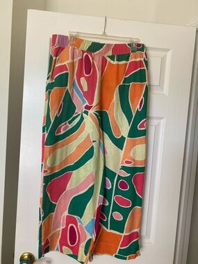 Christian Siriano Bright Multicolor Abstract linen Cropped Pants